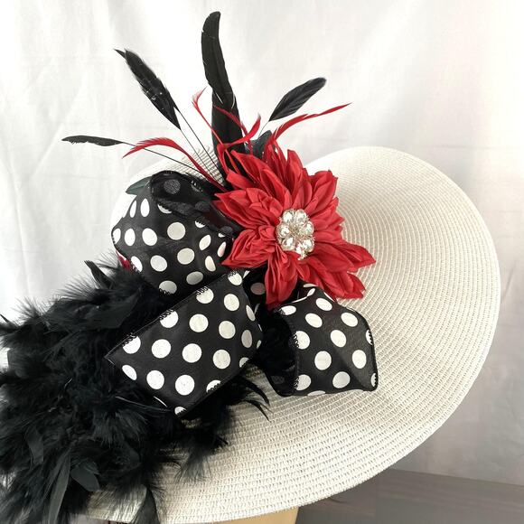 Retro White Red Womens Kentucky Derby Hat Jeweled Flower Polka Dot Bow Wide Brim - Picture 3 of 4